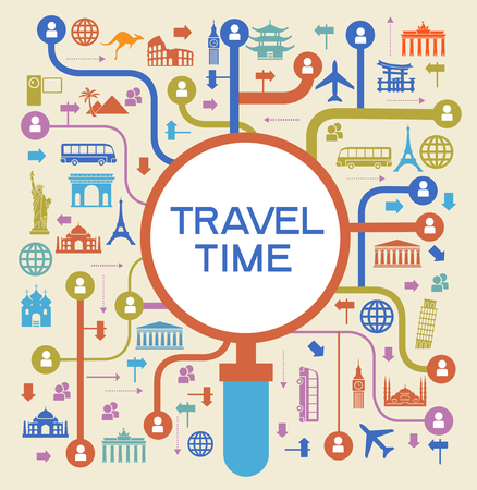 Infographics elements: Travel and Famous Landmarks. A set of elements for travel and vacations. Bright color image on a black background. File is saved in AI10 EPS version.のイラスト素材
