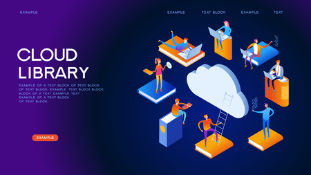Web library. Technology and literature. Digital ibrary web banner. People interact with digital books. Isometric images. 3d vector illustration.のイラスト素材