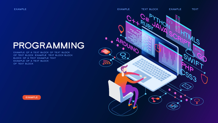 Programming web banner. Best programming languages. Technology process of Software developmentのイラスト素材
