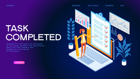 Business woman with a giant pencil nearby marked checklist on a clipboard paper. Successful completion of business tasks. Page template. 3d isometric illustrationのイラスト素材