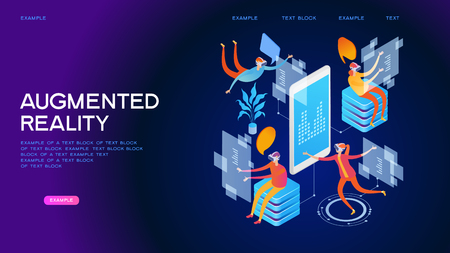 Men and a woman wearing goggle headset with touching interface. Virtual reality world. Future technology. Page template. 3d isometric illustrationのイラスト素材