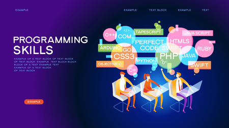 Workflow group of programmers. Programmers in the coding process. Programming concept.  3D vector isometric illustration.のイラスト素材
