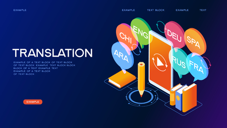 Concept of translating and interpreting for web banners.Concept on-line learning and teaching on theme of foreign languages. 3d isometric vector illustration.のイラスト素材