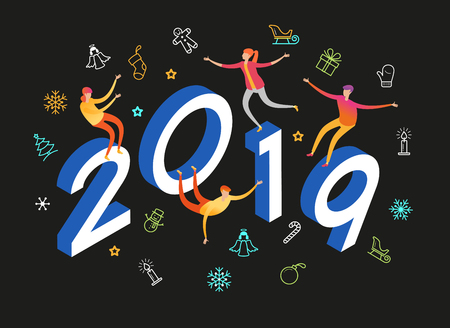 Color design with numeral 2019. People celebrating party.  New Year party with male and female.のイラスト素材