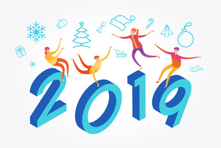 Color design with numeral 2019. People celebrating party.  New Year party with male and female.のイラスト素材