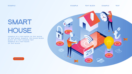 Smart home control concept. Smart house infographic. Concept home with technology system. 3d isometric vector illustration.のイラスト素材