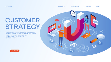 Customer strategy, customer support and service 3d isometric vector illustration. Banner with icons.のイラスト素材