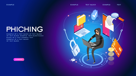 Hacker attack and web security vector concept, phishing scam. Netwrok and internet security. Anti virus, spyware, malware. 3d isometric vector illustration.のイラスト素材
