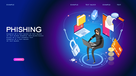 Hacker attack and web security vector concept, phishing scam. Netwrok and internet security. Anti virus, spyware, malware. 3d isometric vector illustration.のイラスト素材