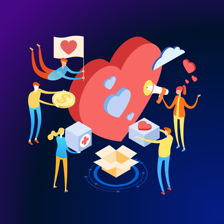 Volunteering concept. A team of people shares hope and helps charity. Heart community support elder persons, poor and homeless. 3d vector isometric illustration.のイラスト素材