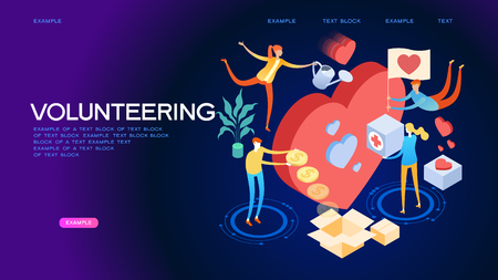 Volunteering concept. A team of people shares hope and helps charity. Heart community support elder persons, poor and homeless. 3d vector isometric illustration.のイラスト素材