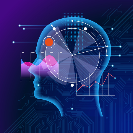 Deep learning. Analysis artificial intelligence concept. Robot face and building abstract backgroundのイラスト素材