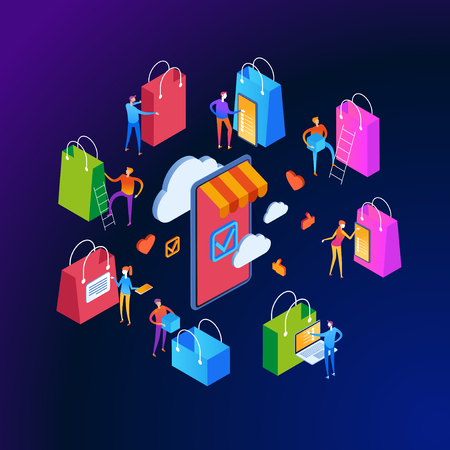 The sale and consumer concept. A person buys an online store using a smartphone. Landing page template. 3d vector isometric illustration.のイラスト素材