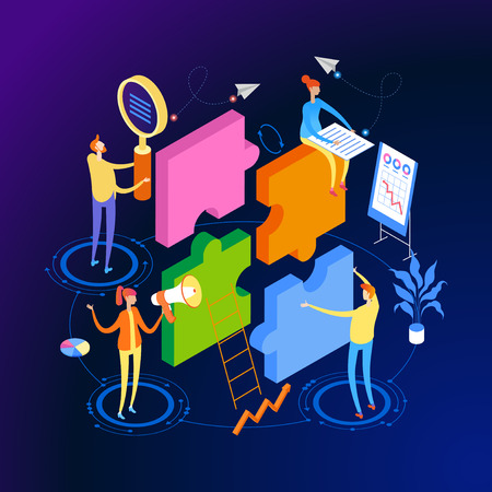 Startup team. People interact with each other, with computers, graphics, puzzles. Goal thinking. Modern 3d isometric vector illustration of web page.  Design concept. Cooperation construction by agency group.のイラスト素材