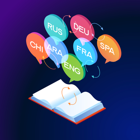 Concept of translating and interpreting for web banners.Concept on-line learning and teaching on theme of foreign languages. 3d isometric vector illustration.のイラスト素材