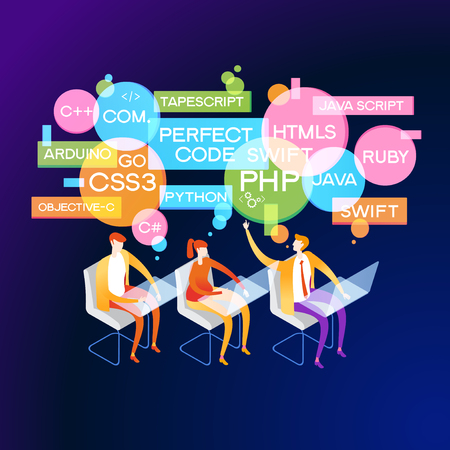 Workflow group of programmers. Programmers in the coding process. Programming concept.  3D vector isometric illustration.のイラスト素材