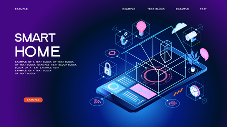 Smart home control concept. Smart house infographic. Concept home with technology system. 3d isometric vector illustration.のイラスト素材