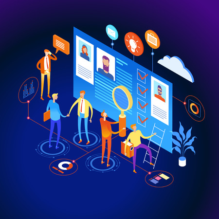 Know your customer concept. Modern business technology. The person interacts with potential customers. Businessman works with these graphs and diograms. 3d vector isometric illustration.のイラスト素材
