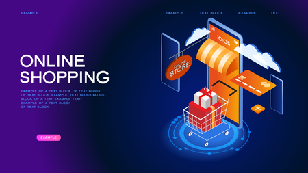 The sale and consumer concept. A person buys an online store using a smartphone. Landing page template. 3d vector isometric illustration.のイラスト素材