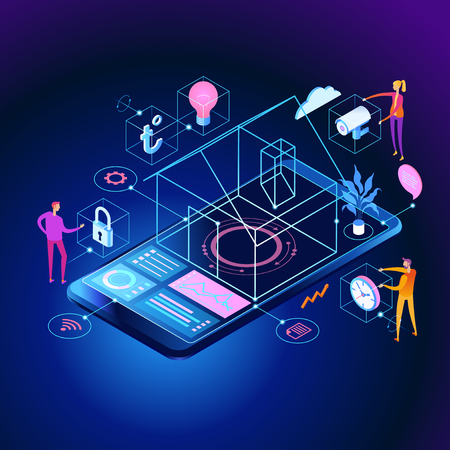 Smart home control concept. Smart house infographic. Concept home with technology system. 3d isometric vector illustration.のイラスト素材