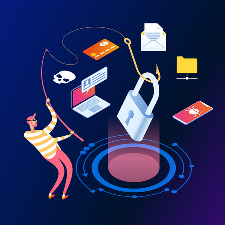 Hacker attack and web security vector concept, phishing scam. Netwrok and internet security. Anti virus, spyware, malware. 3d isometric vector illustration.のイラスト素材