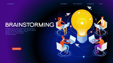 Brainstorm. Team in search of new solutions ideas. Internet assistant. Effective online promotion. Coordinated team work in the company. Remote Manager. Flat isometric vector illustration.のイラスト素材