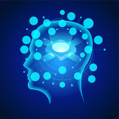 Neural network. Deep learning. Artificial intelligence concept. Robot face and building abstract backgroundのイラスト素材