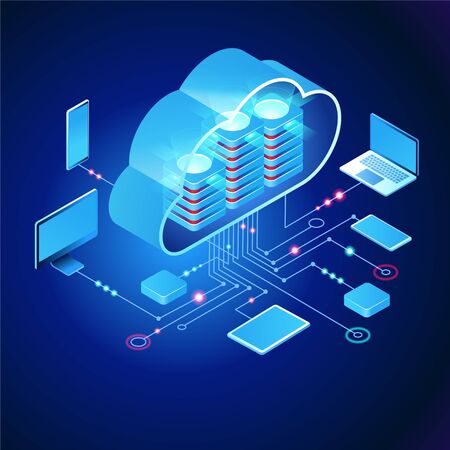 Cloud computing.  Online devices upload, download information. Data in database on cloud services. Isometric concept. Modern 3d isometric vector illustration of web page.のイラスト素材