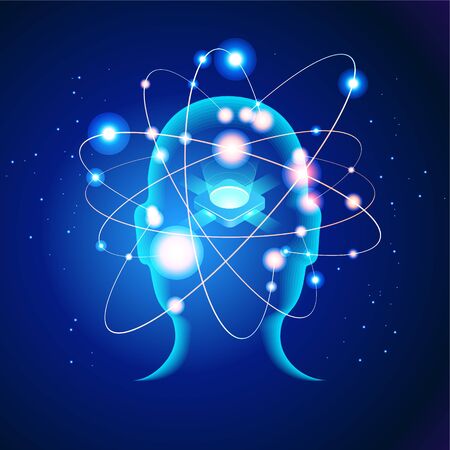 Neural network. Deep learning. Artificial intelligence concept. Robot face and building abstract backgroundのイラスト素材