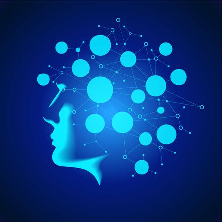 Neural network. Deep learning. Artificial intelligence concept. Robot face and building abstract backgroundのイラスト素材