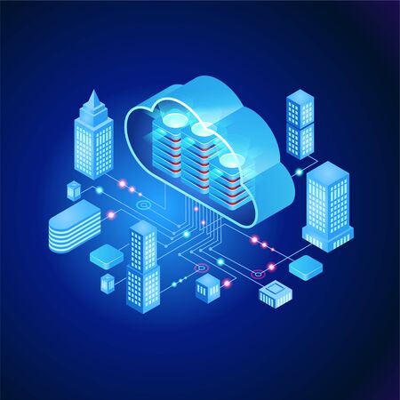 Smart city or intelligent building isometric vector concept. Smart home control concept. Concept home with technology system. 3d isometric vector illustration.のイラスト素材