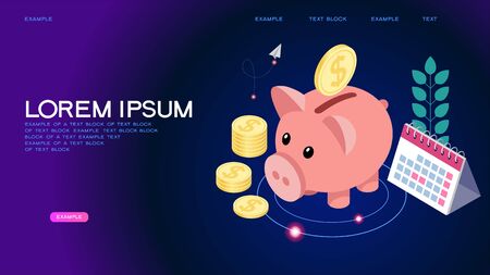 Piggy bank, money deposit, savings, safe money concept. Flat isometric vector illustration. Web Bannerのイラスト素材