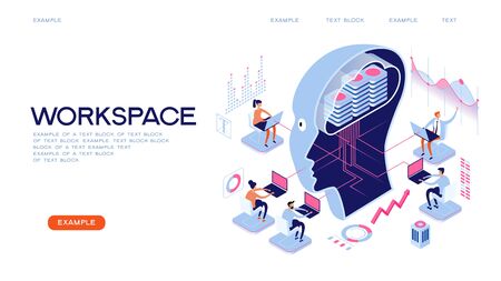 Workspace concept. Deep learning. Big data AND artificial intelligence. People interact with artificial intelligence. 3d vector isometric illustration.のイラスト素材
