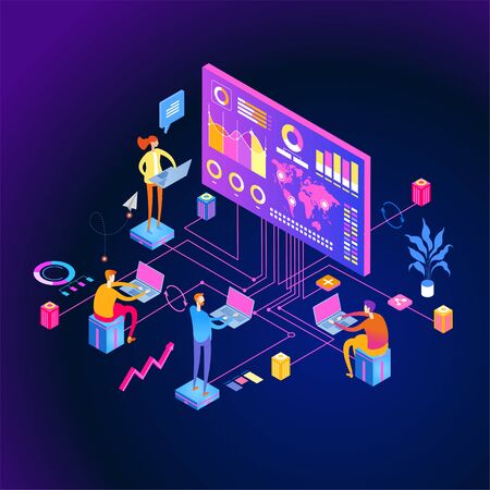 interactive reports web banner. People interacting with analyzing statistics and  charts. Workflow and business management. 3D vector isometric illustration.のイラスト素材