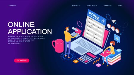 People interact with computers and online applications. Form, landing page for infographics. Flat isometric vector illustration.のイラスト素材