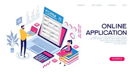 People interact with computers and online applications. Form, landing page for infographics. Flat isometric vector illustration.のイラスト素材