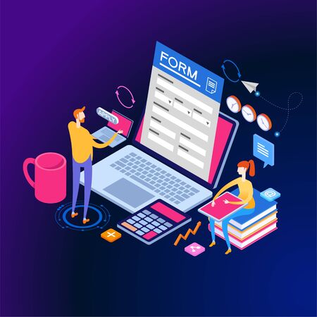 People interact with computers and online applications. Form, landing page for infographics. Flat isometric vector illustration.のイラスト素材