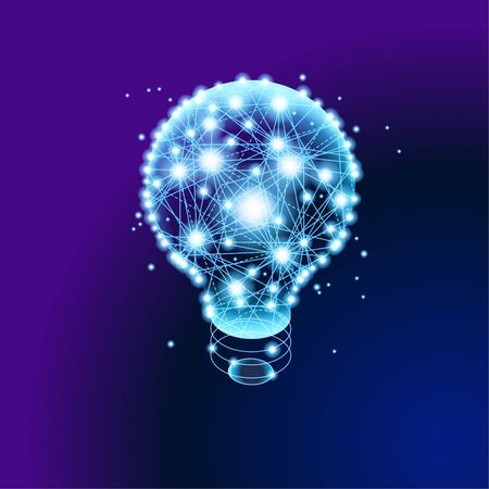 Lines and glowing dots form a lightbulb. Internet technology network concept. 3D isometric vector illustration.のイラスト素材
