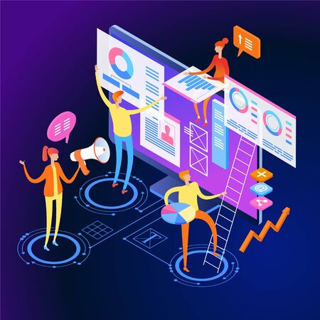 Seo optimization concept. Team work together on web design. Isometric infographics or banner.  Development group characters. Flat isometric vector illustration.のイラスト素材