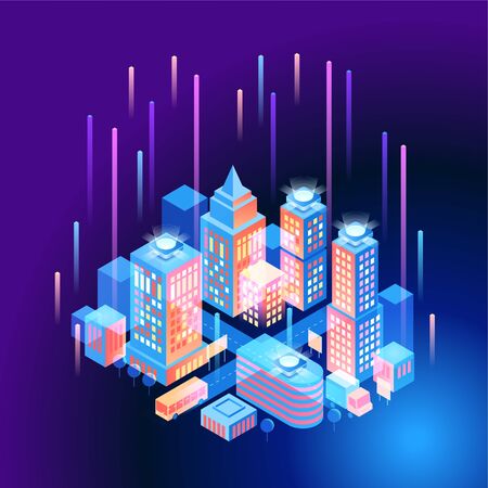 5G network wireless technology  vector concept. High-speed mobile Internet. Using modern digital devices. Smart city or intelligent building isometric. 3d isometric vector illustration.のイラスト素材