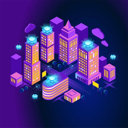 downtown vector concept. Concept home with technology system. 3d isometric vector illustration.のイラスト素材