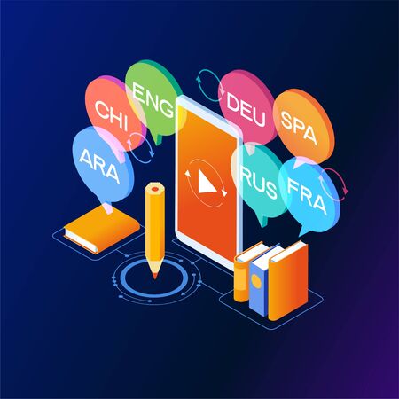 Concept of translating and interpreting for web banners.Concept on-line learning and teaching on theme of foreign languages. 3d isometric vector illustration.のイラスト素材
