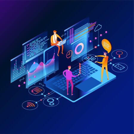 Update database statistics. Workflow and business management. People interacting with graphs and papers. 3D vector isometric illustration.のイラスト素材