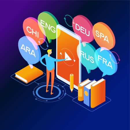 Concept of translating and interpreting for web banners.Concept on-line learning and teaching on theme of foreign languages. 3d isometric vector illustration.のイラスト素材