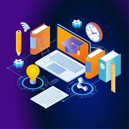 Laptop book electronic library and cloud computing conceptual images. Modern design concept of Online Education. 3d isometric vector illustration.のイラスト素材