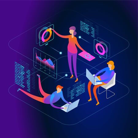 People interacting with graphs and papers. Workflow and business management. 3D vector isometric illustration.のイラスト素材