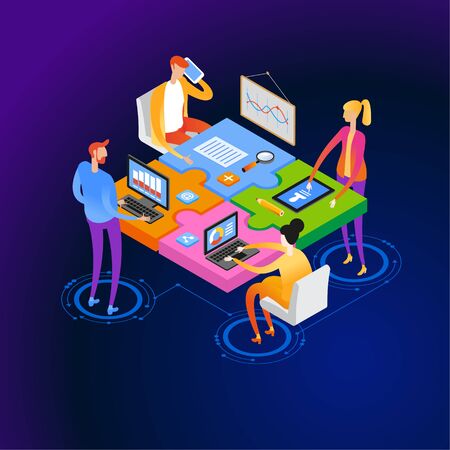 Startup team. People interact with each other, with computers, graphics, puzzles. Goal thinking. Modern 3d isometric vector illustration of web page.  Design concept. Cooperation construction by agency group.のイラスト素材