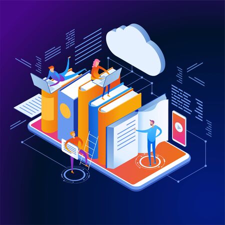 Mobile Web library. Technology and literature. Digital ibrary web banner. People interact with digital books. Isometric images. 3d vector illustration.のイラスト素材