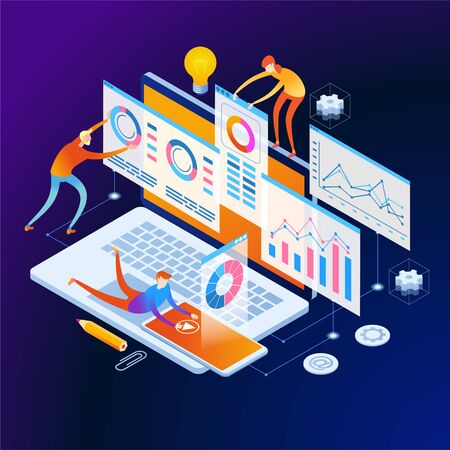 Ð team of people build a chart and graphs. Concept of the idea of innovative data analysis. Data analysis. Page template. 3d isometric illustrationのイラスト素材