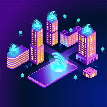 Smart city or intelligent building isometric vector concept. Smart home control concept. Concept home with technology system. 3d isometric vector illustration.のイラスト素材